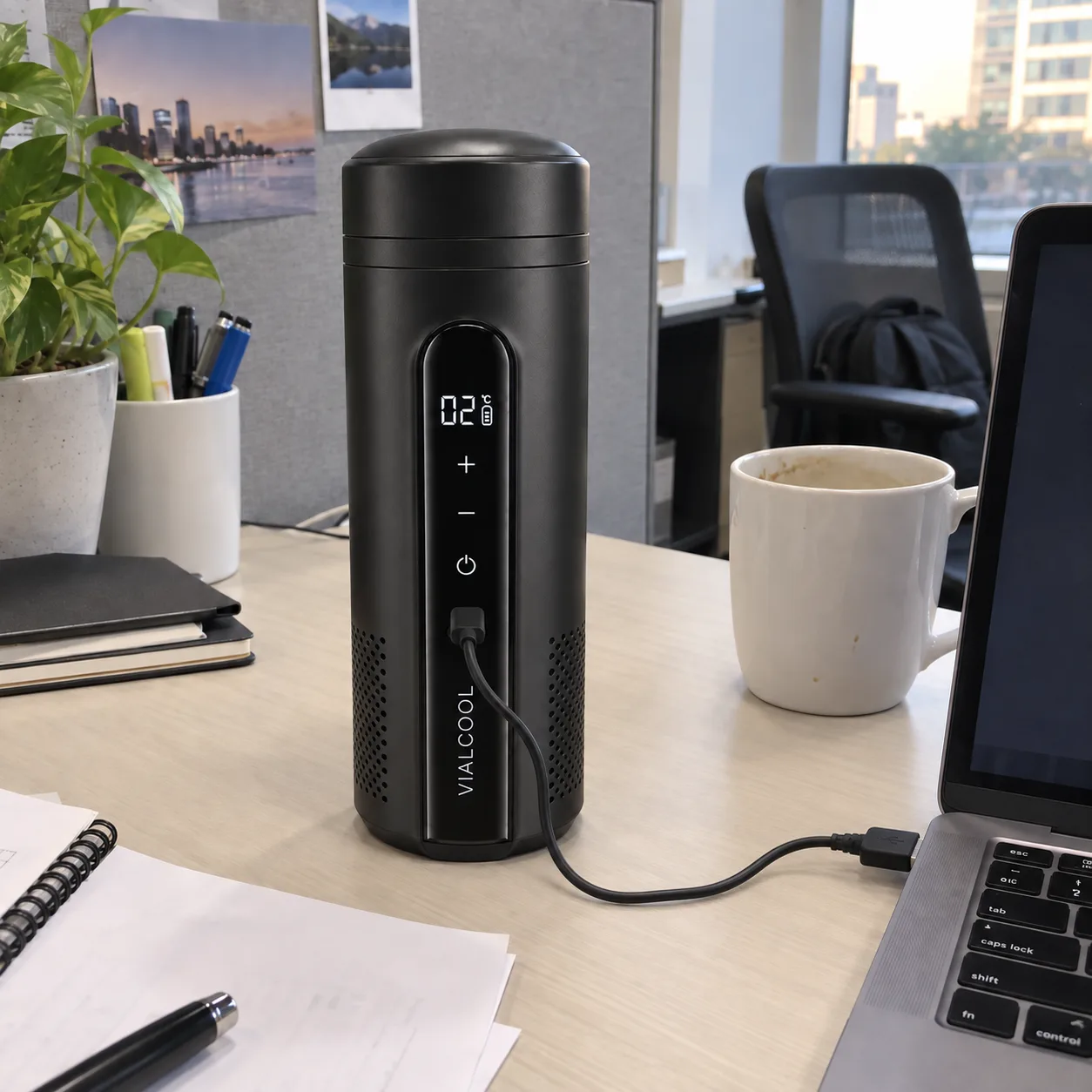 Plugged into a laptop on an office desk beside a coffee mug