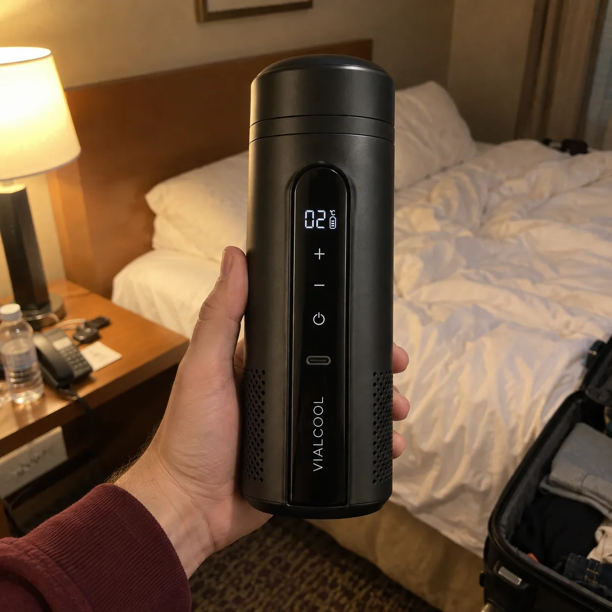 Held up in a hotel room with the bed and an open suitcase behind