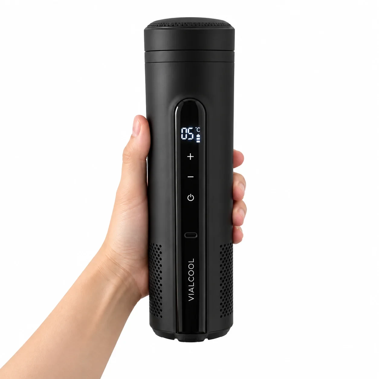 The VialCool Ultra held in one hand against white, about the height of a forearm, the display reading 05°C